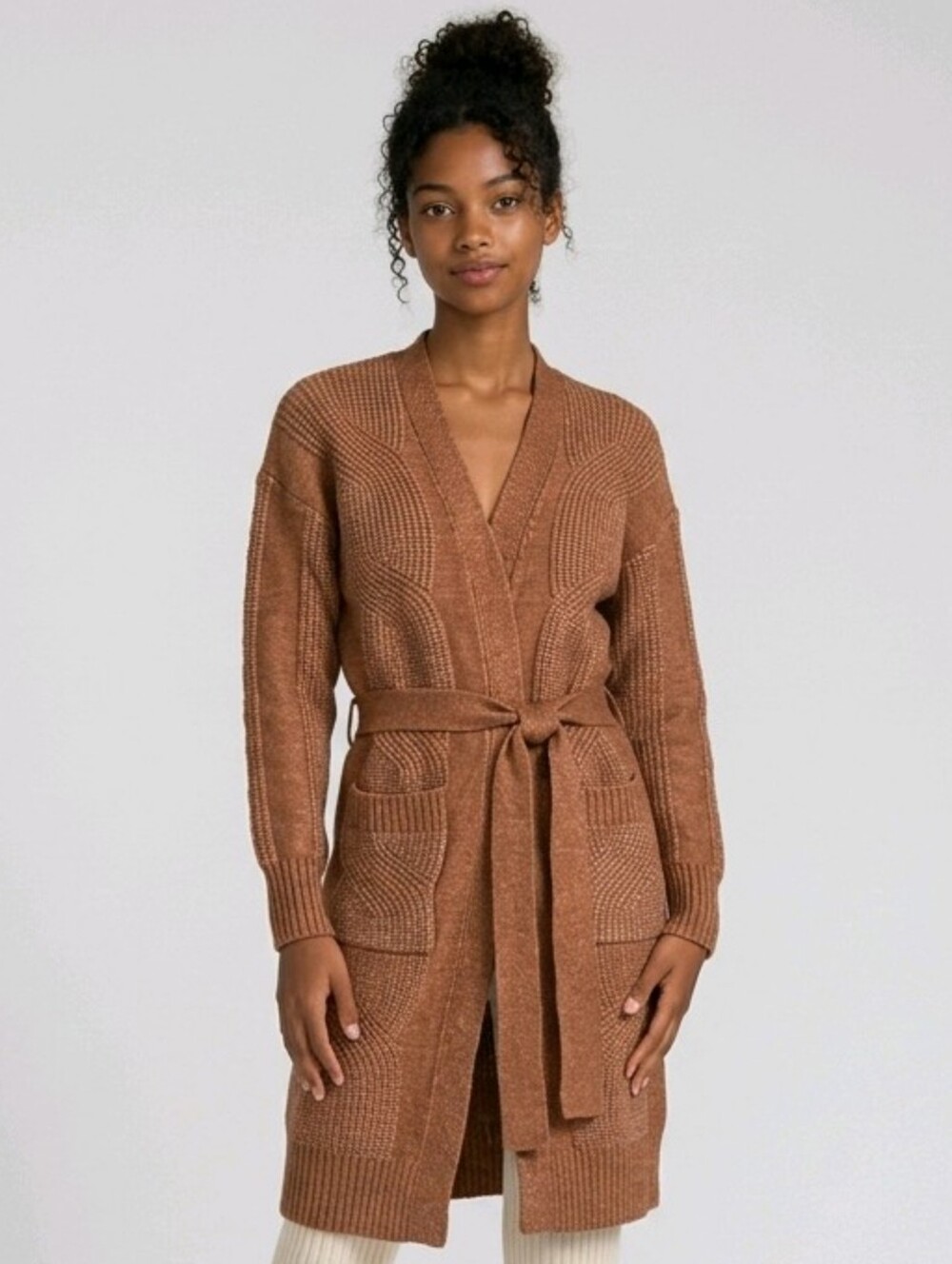 Nine West Long Open-Front Cardigan XS Rust Brown Knit Belted